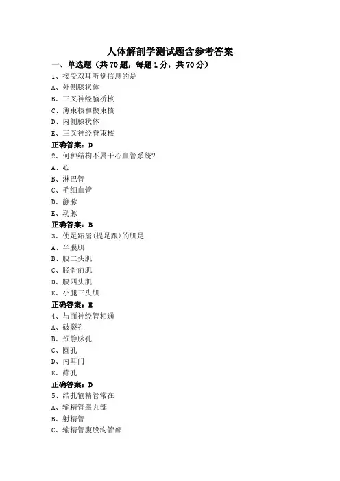 人体解剖学测试题含参考答案
