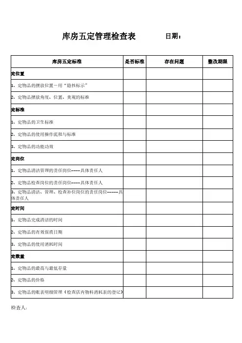 库房五定管理检查表模板