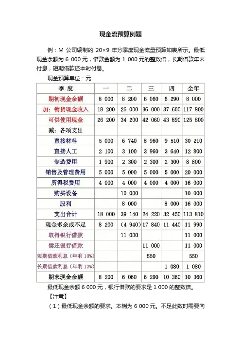 现金流预算例题