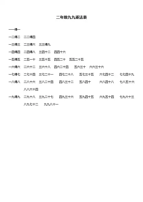 二年级九九乘法表