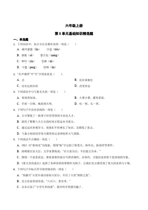 语文六年级上册统编版第5单元基础知识精选题