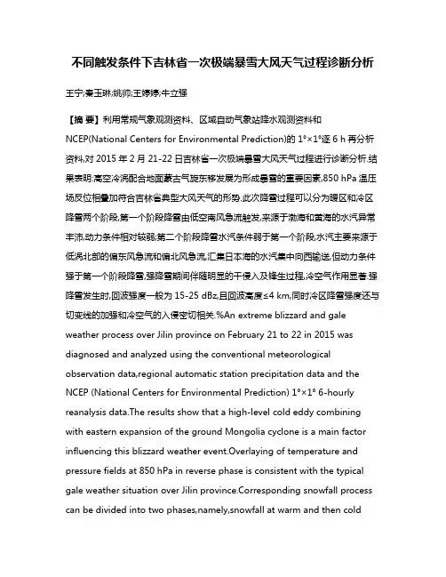 不同触发条件下吉林省一次极端暴雪大风天气过程诊断分析