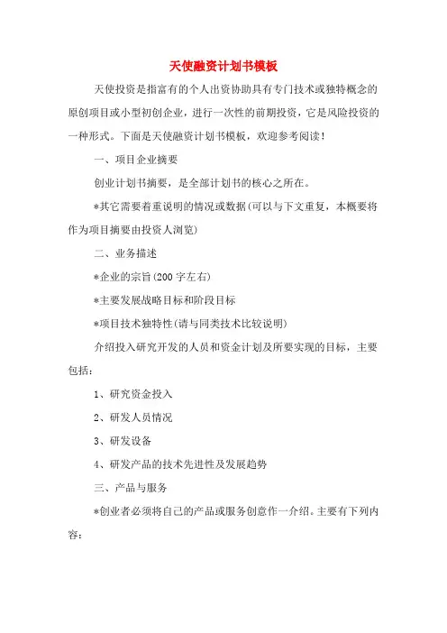 天使融资计划书模板
