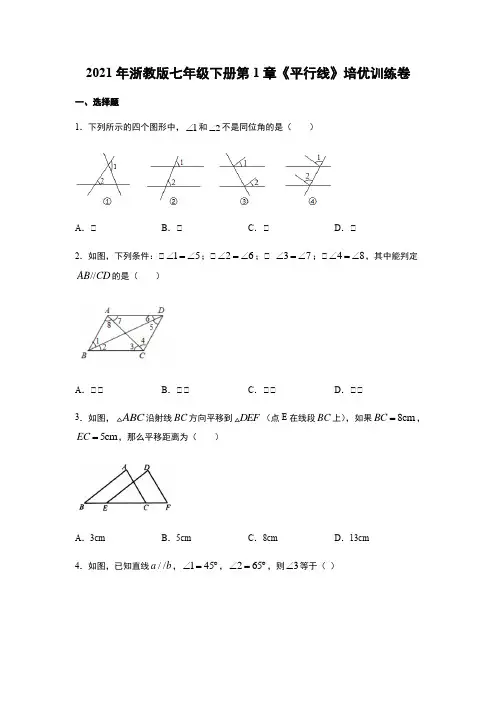 2020-2021学年七年级数学浙教版下册第1章《平行线》培优训练卷