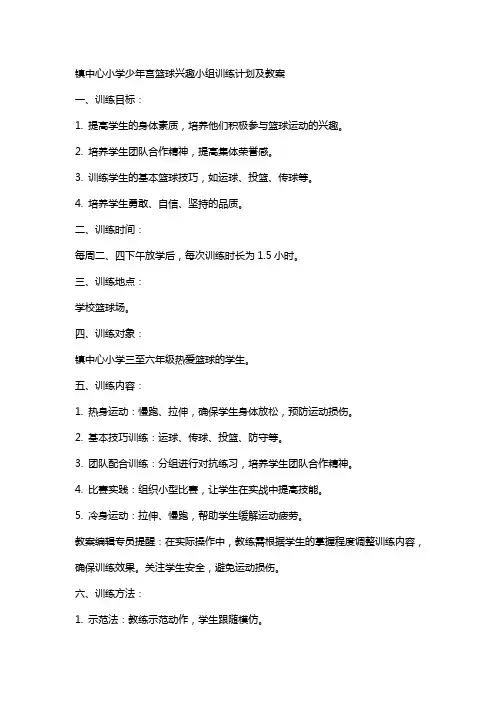 镇中心小学少年宫篮球兴趣小组训练计划及教案
