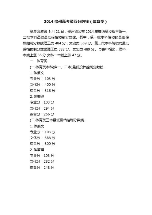 2014贵州高考录取分数线（体育类）