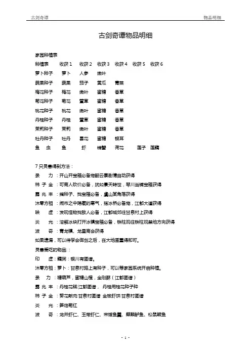 古剑奇谭物品明细