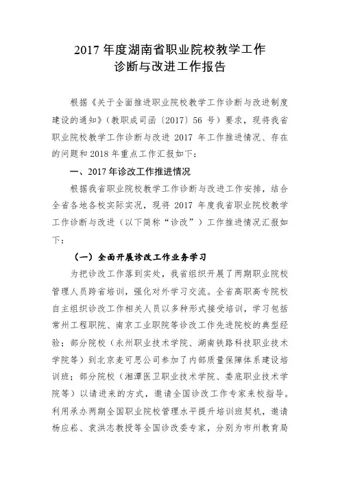 2017湖南职业院校教学工作诊断与改进工作报告