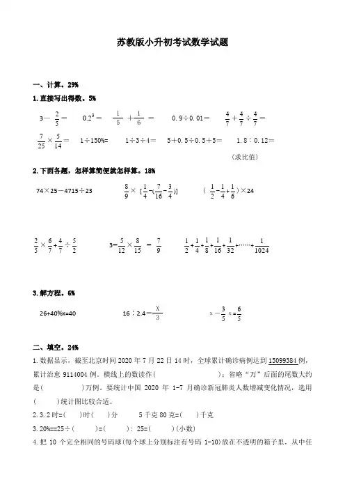 苏教版六年级下学期小升初数学考试卷含答案解析