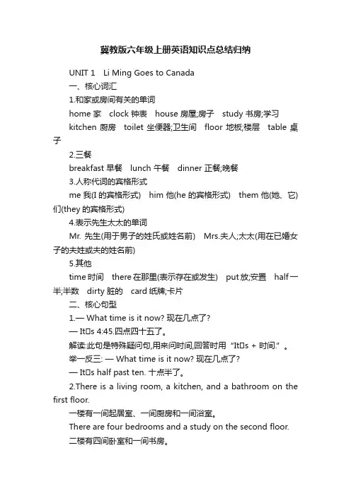 冀教版六年级上册英语知识点总结归纳
