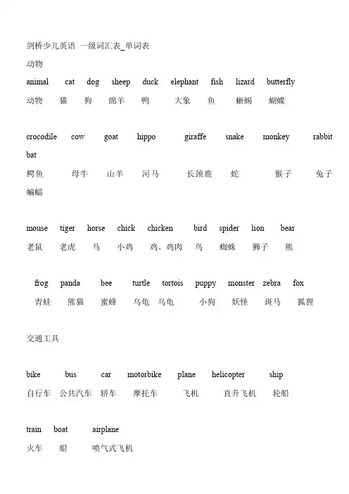 剑桥少儿英语-一级词汇表(word文档良心出品)