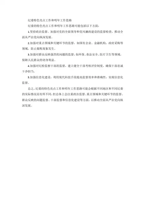 纪委特色亮点工作和明年工作思路