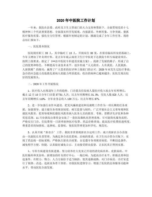 2020年中医院工作计划