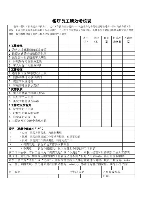 餐厅员工绩效考核表