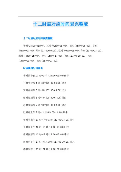 十二时辰对应时间表完整版