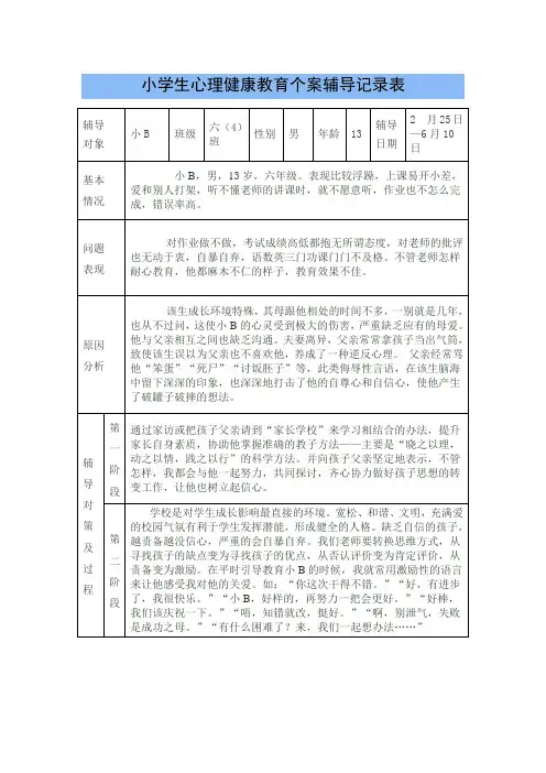 小学生心理健康教育个案辅导记录表