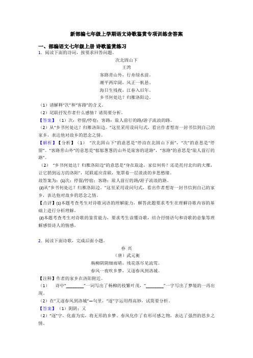 新部编七年级上学期语文诗歌鉴赏专项训练含答案