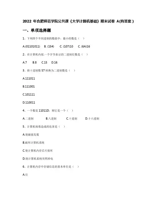 2022年合肥师范学院公共课《大学计算机基础》期末试卷A(有答案)