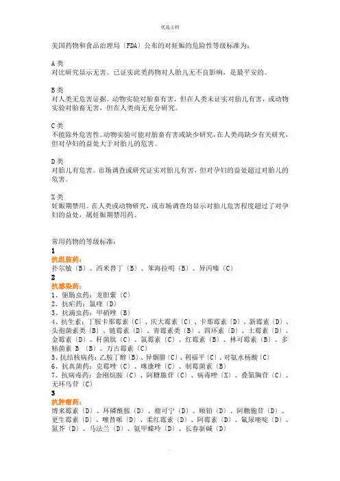 美国孕妇用药等级标准