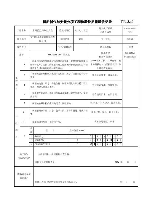 橱柜制作与安装分项工程检验批质量验收记录TJ4.3.40(1)