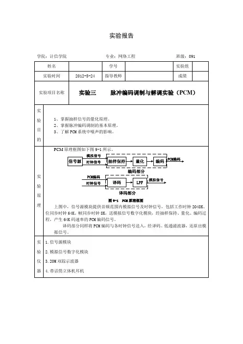 通信原理实验三 脉冲编码调制与解调实验(PCM)