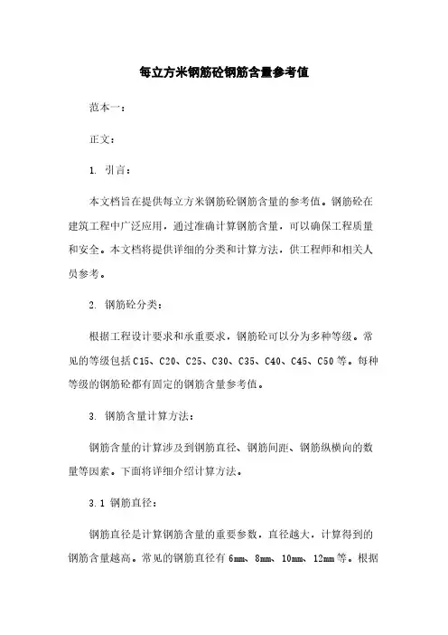 每立方米钢筋砼钢筋含量参考值
