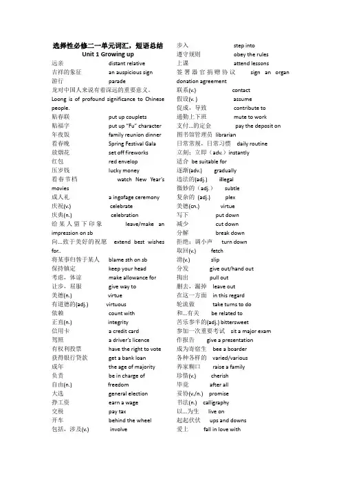 Unit1GrowingUp单词短语总结清单-高中英语选择性