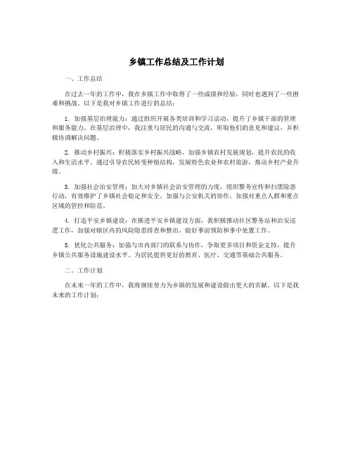 乡镇工作总结及工作计划