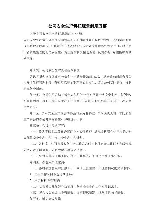 公司安全生产责任规章制度五篇
