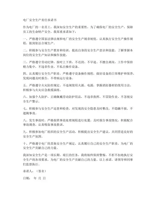 电厂安全生产责任承诺书
