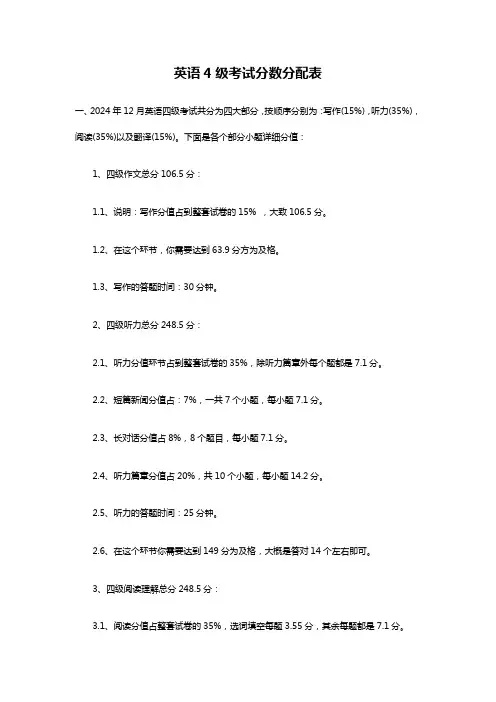 英语4级考试分数分配表