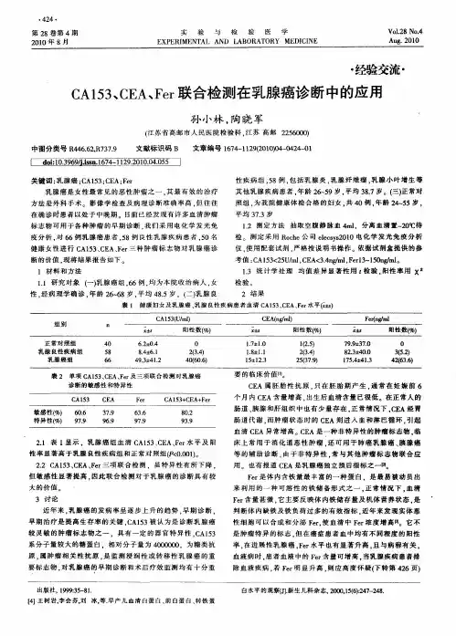 CA153、CEA、Fer联合检测在乳腺癌诊断中的应用