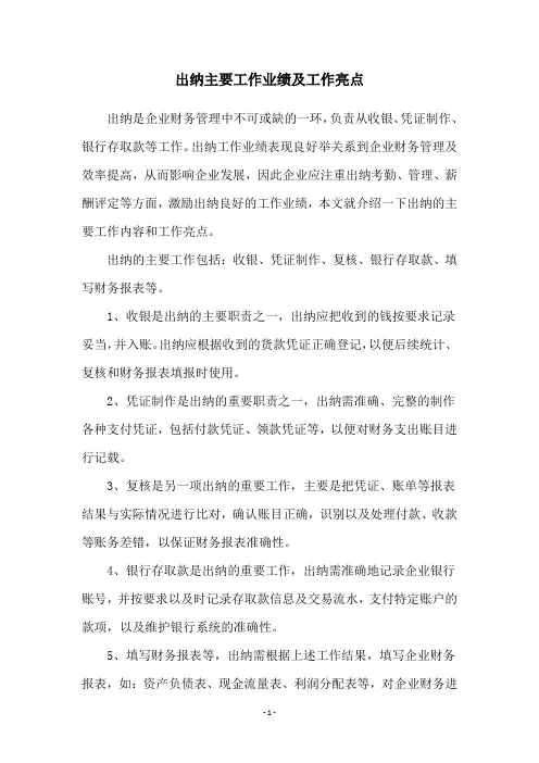 出纳主要工作业绩及工作亮点