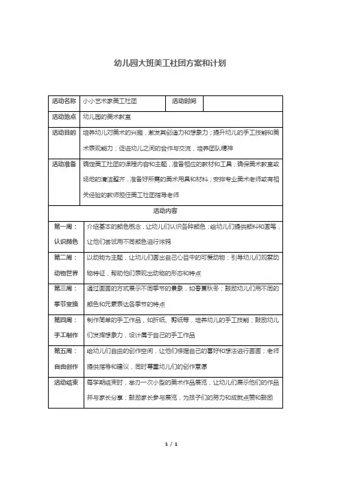 幼儿园大班美工社团方案和计划