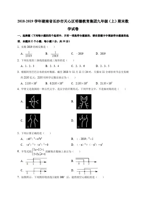 2018-2019学年湖南省长沙市天心区明德教育集团九年级(上)期末数学试卷(解析版)