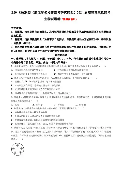 浙江省Z20联盟(名校新高考研究联盟)2024届高三下学期第三次联考生物试题含答案