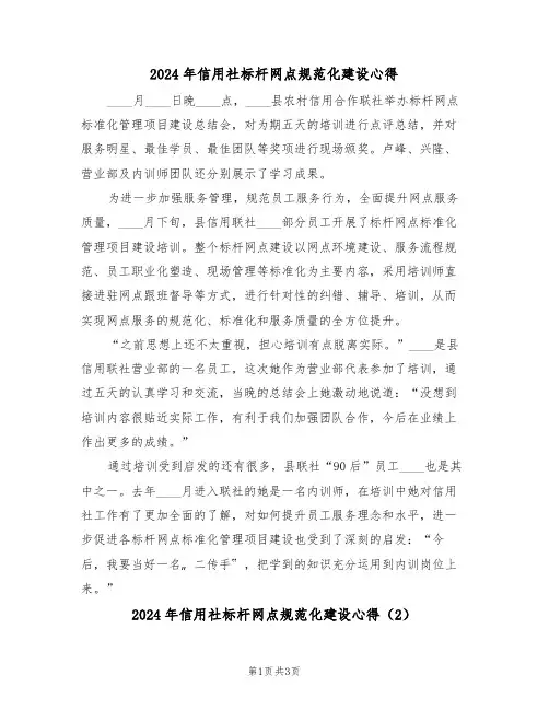 2024年信用社标杆网点规范化建设心得(2篇)