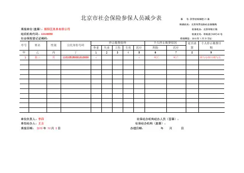 北京市社会保险参保人员减少表(实例)