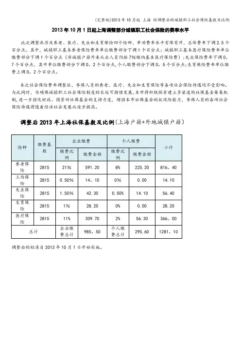 (完整版)2013年10月起 上海 经调整后的城镇职工社会保险基数及比例