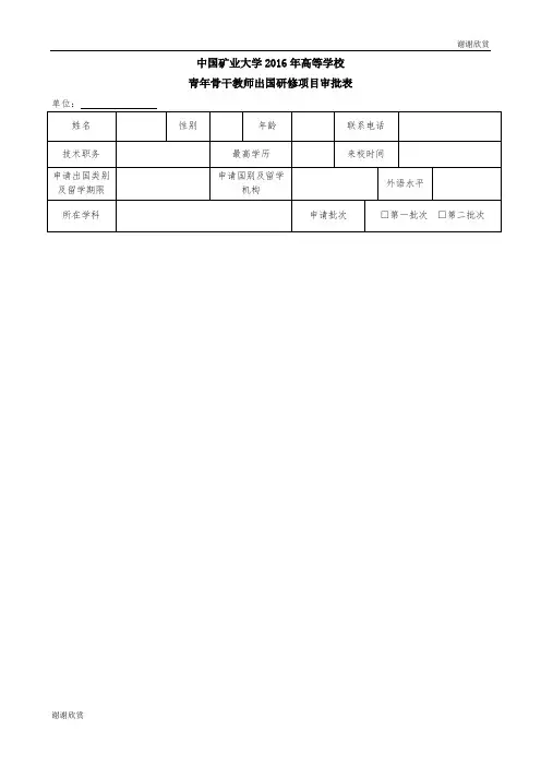 中国矿业大学2016高等学校青骨干教师出国研修项目审批表.doc