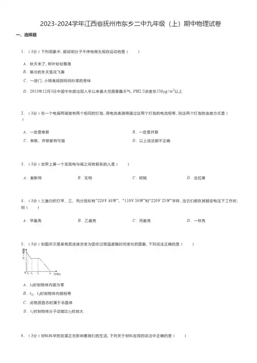初中物理 2023-2024学年江西省抚州市东乡九年级(上)期中物理试卷
