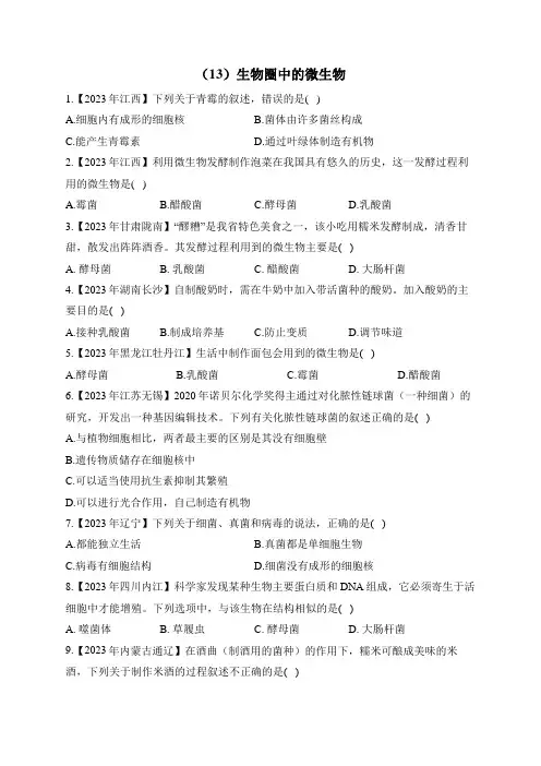 2023年中考生物真题分项汇编(13)生物圈中的微生物(含解析)
