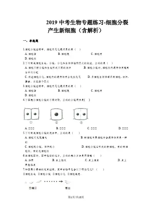 中考生物专题练习细胞分裂产生新细胞(含解析)