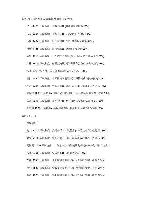 胡莱三国武将满属性成长表