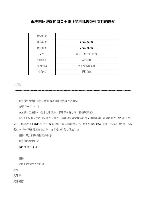 重庆市环境保护局关于废止第四批规范性文件的通知-渝环〔2017〕27号