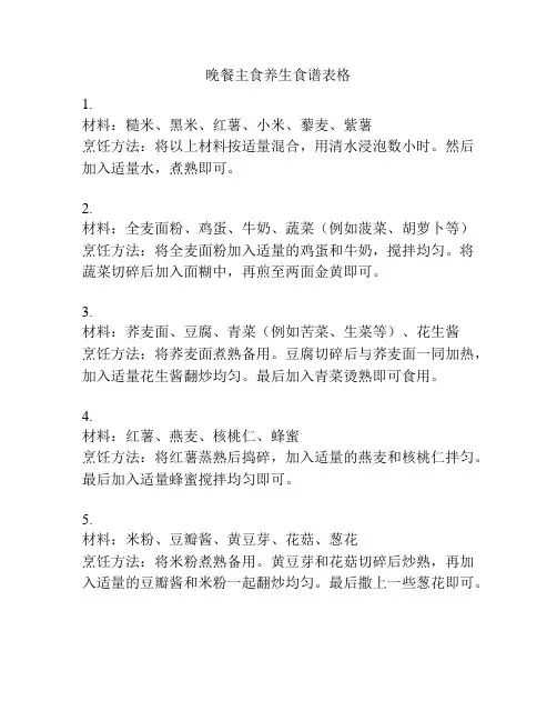 晚餐主食养生食谱表格