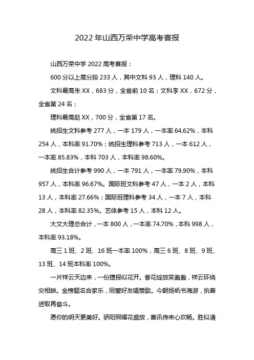 2022年山西万荣中学高考喜报