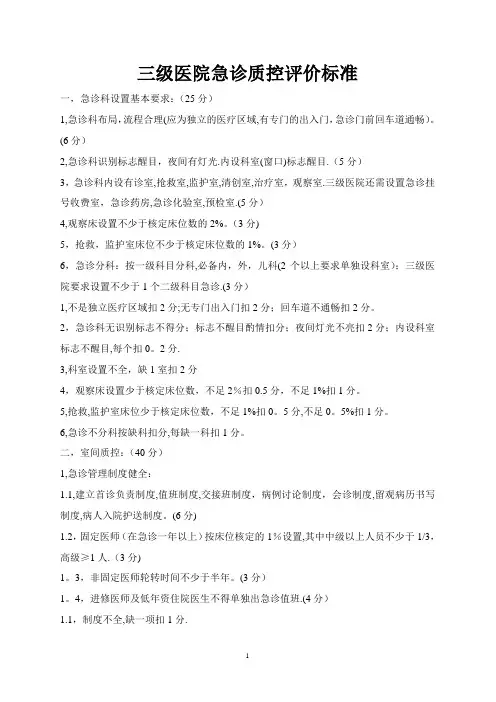三级医院急诊质控评价标准