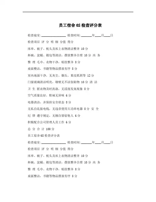 员工宿舍6S检查评分表