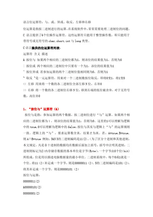 C语言位运算符：与、或、异或、取反、左移和右移